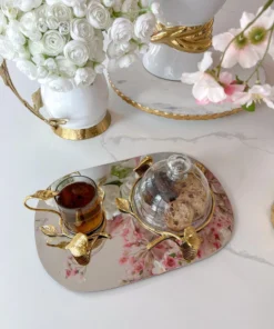 Inspire Me! Home Decor Silver Metal Oval Tray With Glass Mug & Cake Dome And Gold Leaf Details