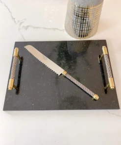 Inspire Me! Home Decor Black Marble Tray W/ Coil Handles And Knife