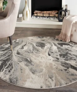 Nourison Elegance Round Area Rug - Grey/Charcoal/Beige (3 Sizes) PILLOWS, RUGS, & THROWS